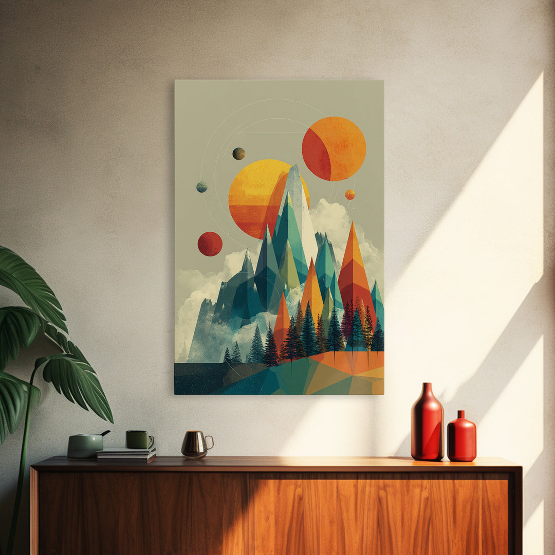 Planets Over Crystal Peaks Canvas Print, Midcentury Modern Space Mountain Wall Art, Retro Geometric MCM Decor For Living Room
