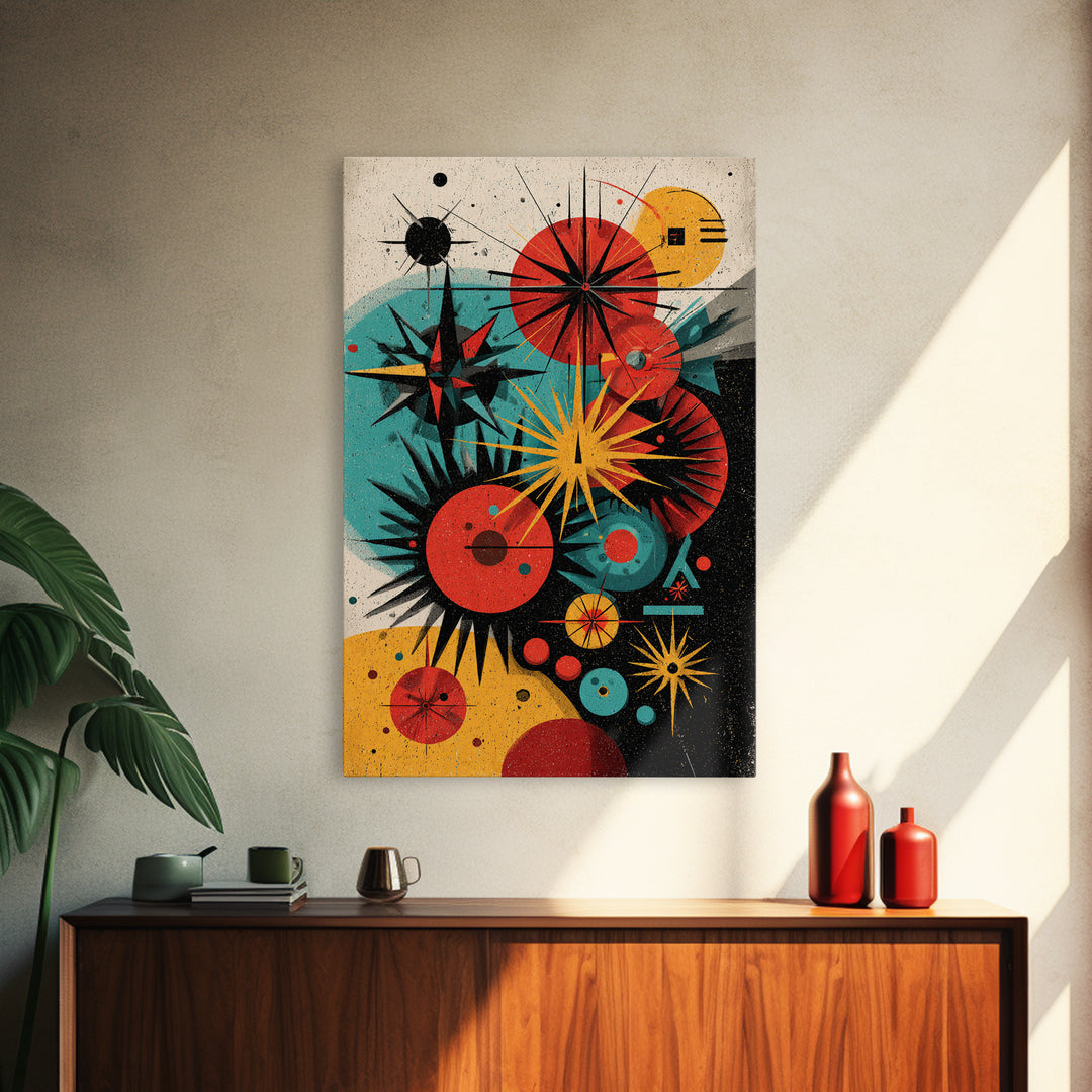 Atomic Circles And Starbursts Framed Canvas Print, Midcentury Modern Abstract Poster, Bauhaus Geometric Wall Art Decor Print