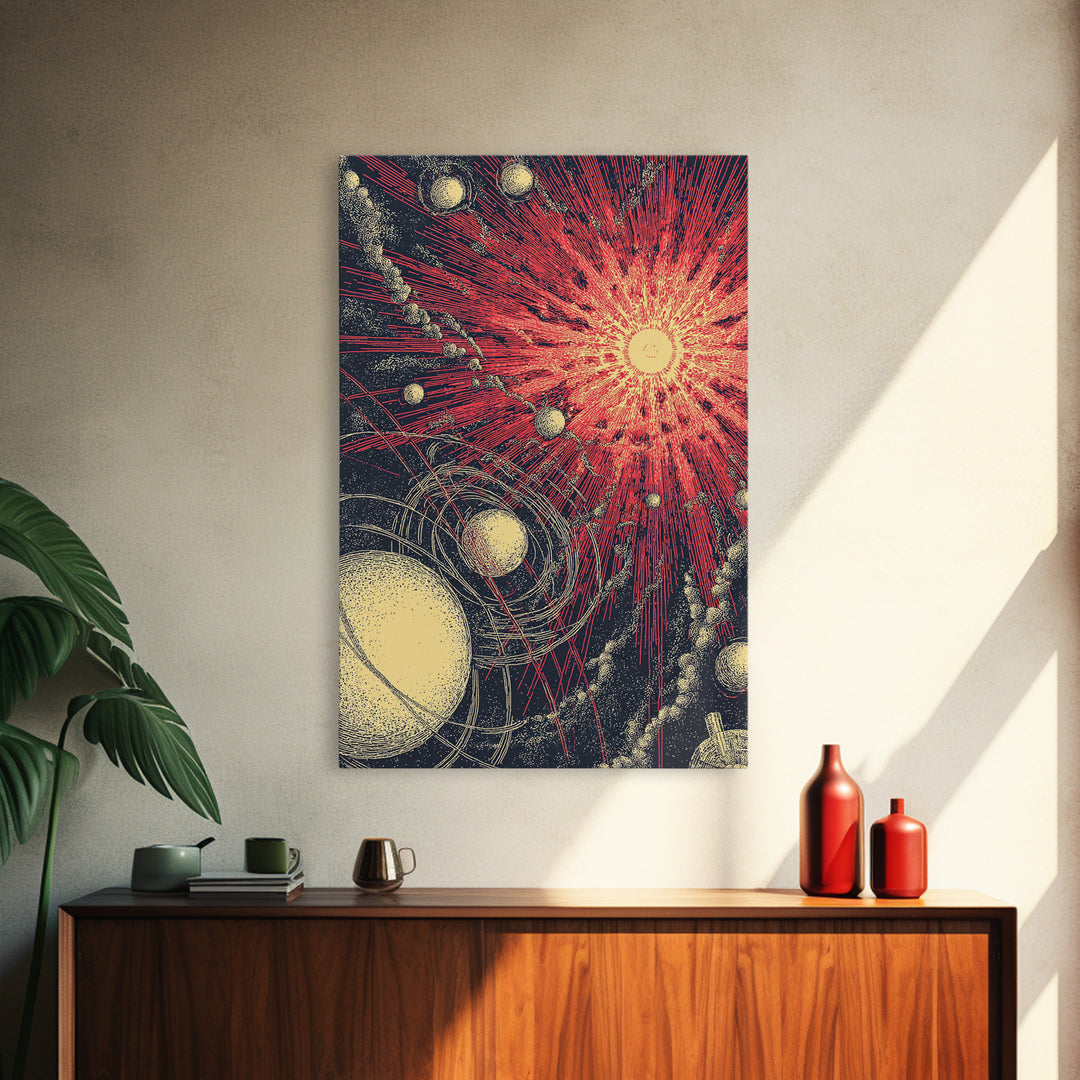 Red Cosmic Sunburst With Orbiting Planets Wall Art, Midcentury Modern Art, Retro Space Poster, Atomic Abstract Decor Prints