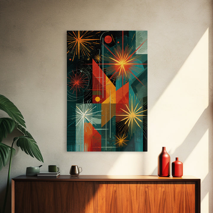 Teal Orange Geometric Fireworks Wall Art, Midcentury Modern Art, Atomic Retro Decor, Bold MCM Wall Decor Poster Print Gift