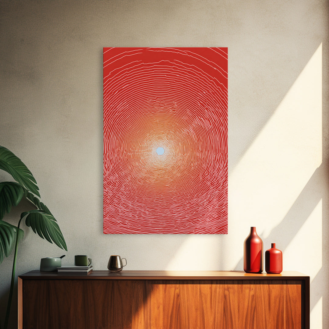 Radiant Red Concentric Sun Framed Canvas Print, Minimalist Wall Art, Modern Abstract Art, Retro Geometric Decor Poster Print