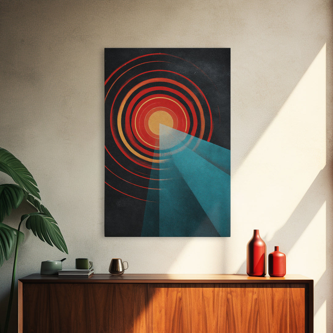 Red Target Sun With Blue Light Beams Wall Art, Modern Abstract Art, Retro Space Poster, Geometric Home Decor Print Gift Idea