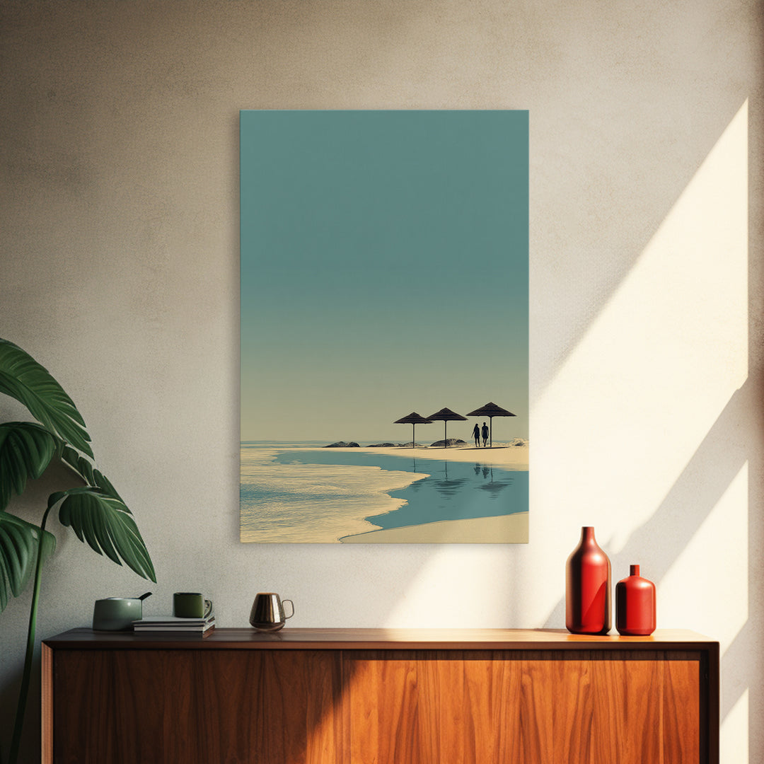 Minimal Beach Umbrellas Framed Canvas Print, Neutral Coastal Wall Art, Modern Landscape Poster, Serene Ocean Bedroom Decor