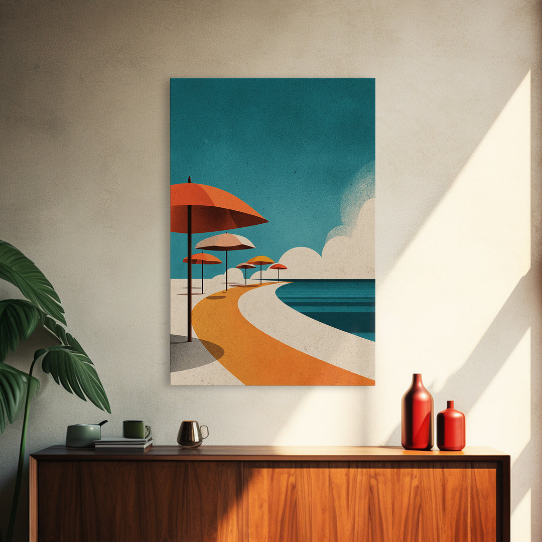 Orange Umbrella Boardwalk Canvas Print, Midcentury Modern Wall Art, Retro Beach Poster, Coastal MCM Home Decor, Palm Springs Style