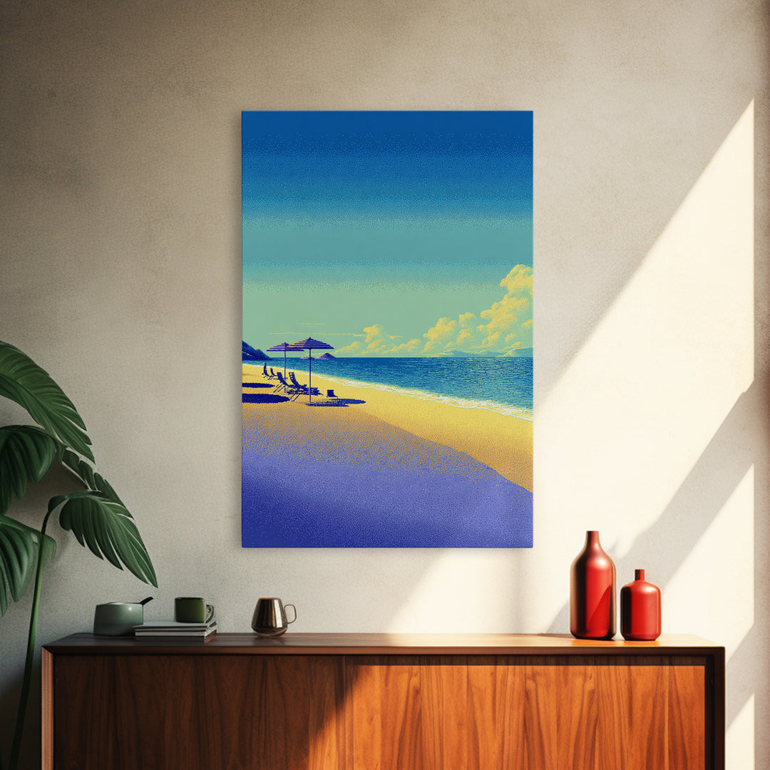 Vibrant Pixel Beach Canvas Print, Retro Travel Poster Wall Art, Coastal Modern Decor, Colorful Ocean Living Room Print Gift