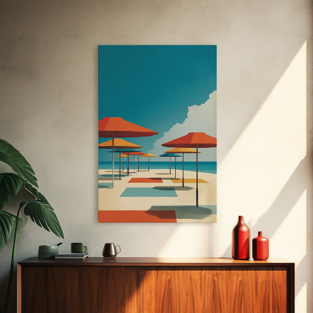 Retro Orange Beach Umbrellas Wall Art, Midcentury Modern Canvas Print, Coastal Poster, Bold MCM Living Room Home Wall Decor