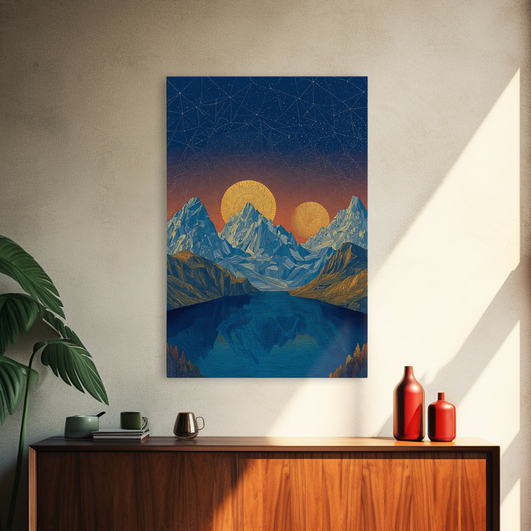 Starry Alpine Lake Framed Canvas Print, Blue Mountain Sunset Wall Art, Midcentury Modern Travel Poster For Cabin Home Decor