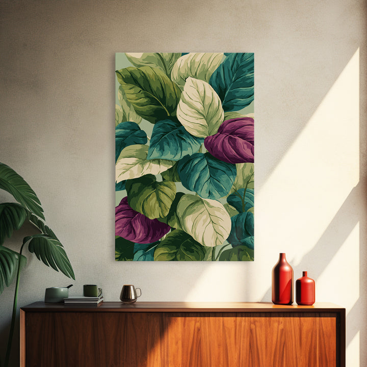Lush Tropical Calathea Leaves Framed Canvas Print, Botanical Wall Art, Green Purple Nature Decor, Modern Home Art Prints