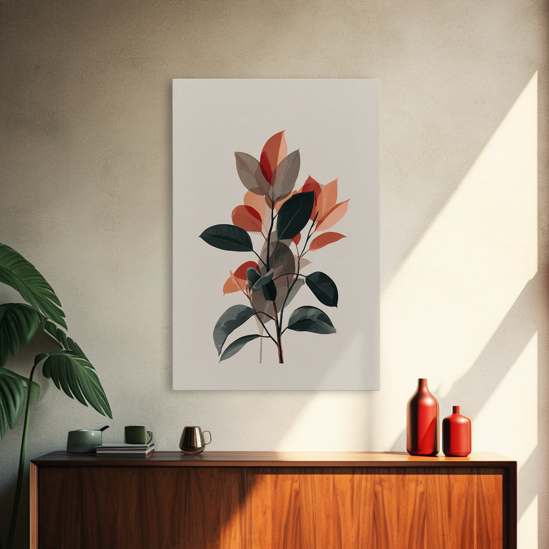 Orange Green Botanical Branch Wall Art, Midcentury Modern Leaf Print, Retro Nature Decor, Living Room Artwork, MCM Home Decor