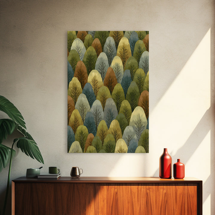 Layered Olive Forest Canopy Wall Art, Midcentury Tree Pattern Print, Nature Landscape Decor, Green Modern Wall Decor, Living Room Art