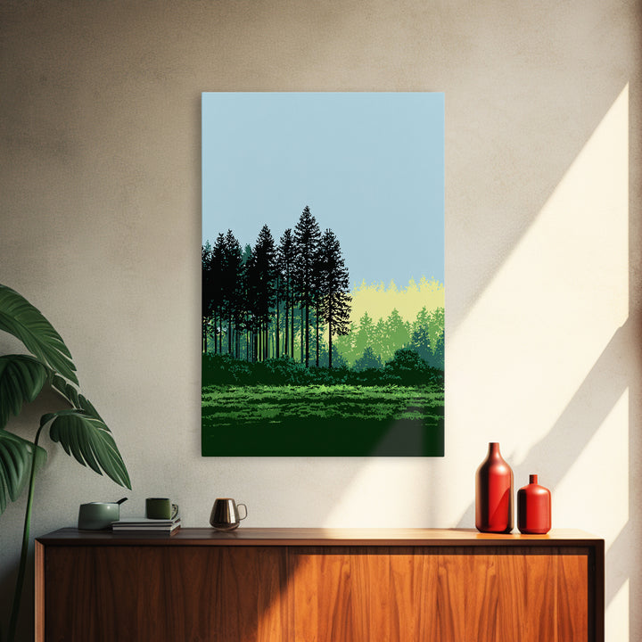 Pine Forest Silhouette Wall Art, Green Meadow Landscape Print, Scenic Nature Decor, Modern Cabin Office Wall Decor, Home Decor