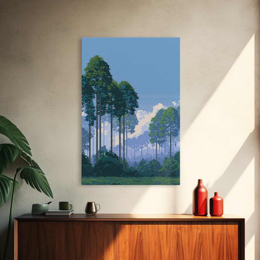Misty Tall Pine Forest Canvas Print, Blue Sky Landscape Art, Scenic Nature Wall Decor, Modern Office Living Room Art Print