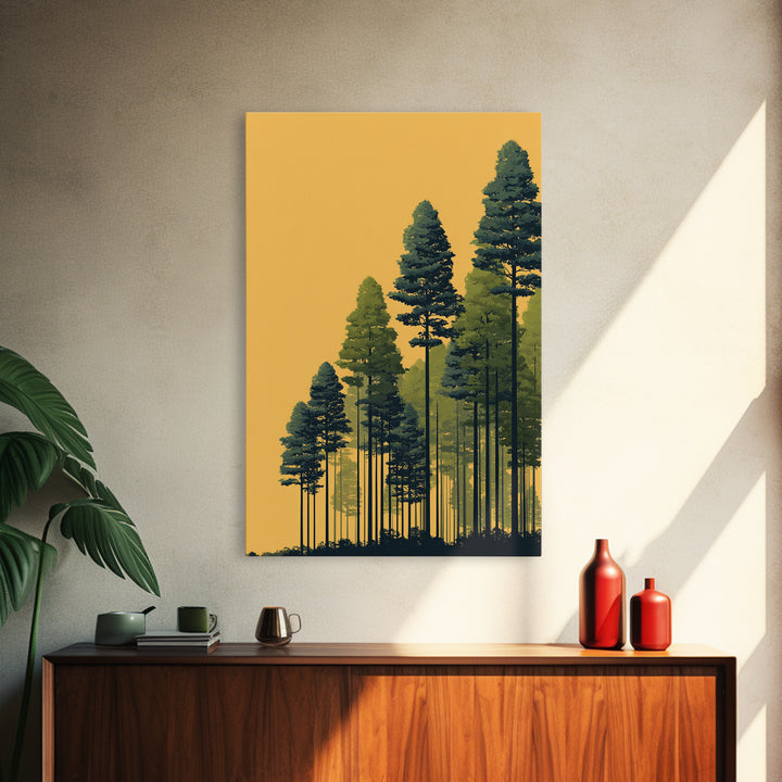 Golden Sunset Pine Forest Wall Art, Tall Evergreen Landscape Print, Scenic Nature Decor, Modern Cabin Living Room Decor Print