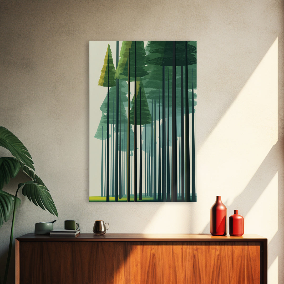 Minimalist Green Pine Grove Wall Art, Abstract Tall Tree Canvas Print, Scandinavian Nature Decor, Modern Forest Poster Art