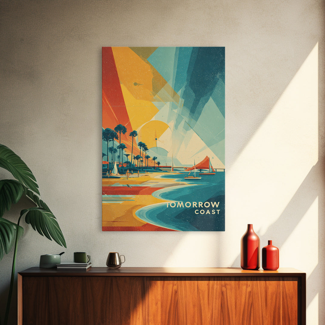 Tomorrow Coast Futuristic Beach Wall Art, Retro Travel Poster, Palm Springs Sailboat Canvas Print, Midcentury Modern Home Decor