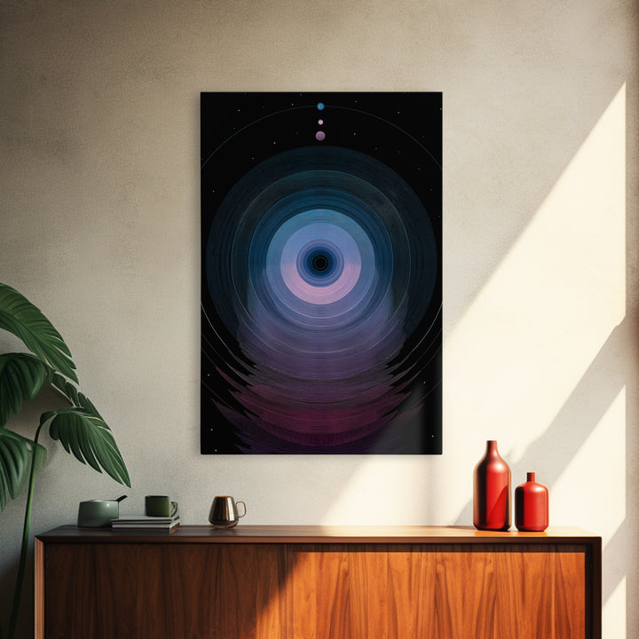 Cosmic Blue Orb Portal Canvas Print, Abstract Space Wall Art, Modern Digital Art Poster, Sci Fi Black Living Room Decor Print
