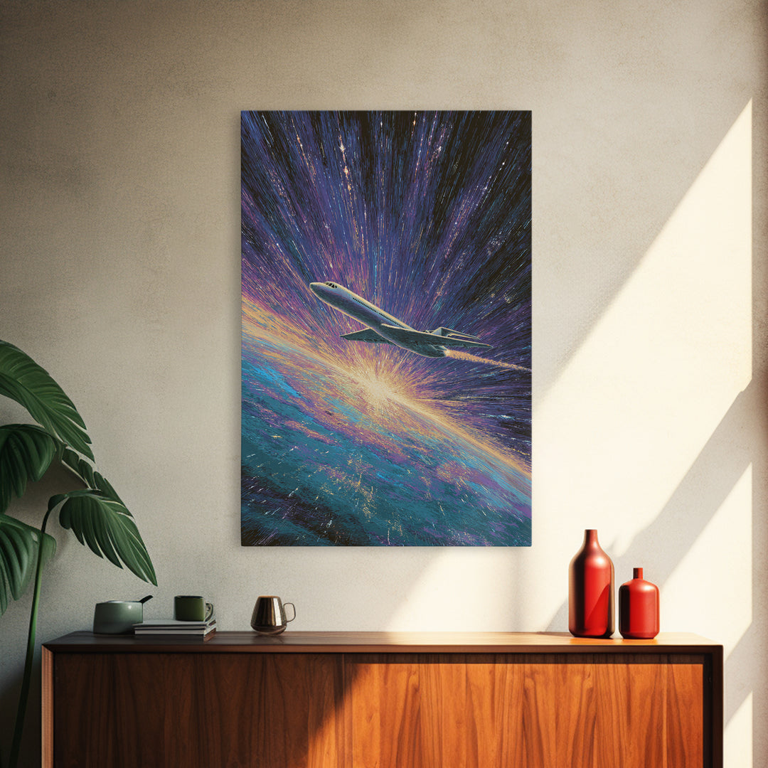 Cosmic Airplane Warp Speed Wall Art, Retro Sci Fi Travel Poster, Modern Art Print, Colorful Space Abstract Office Decor Art