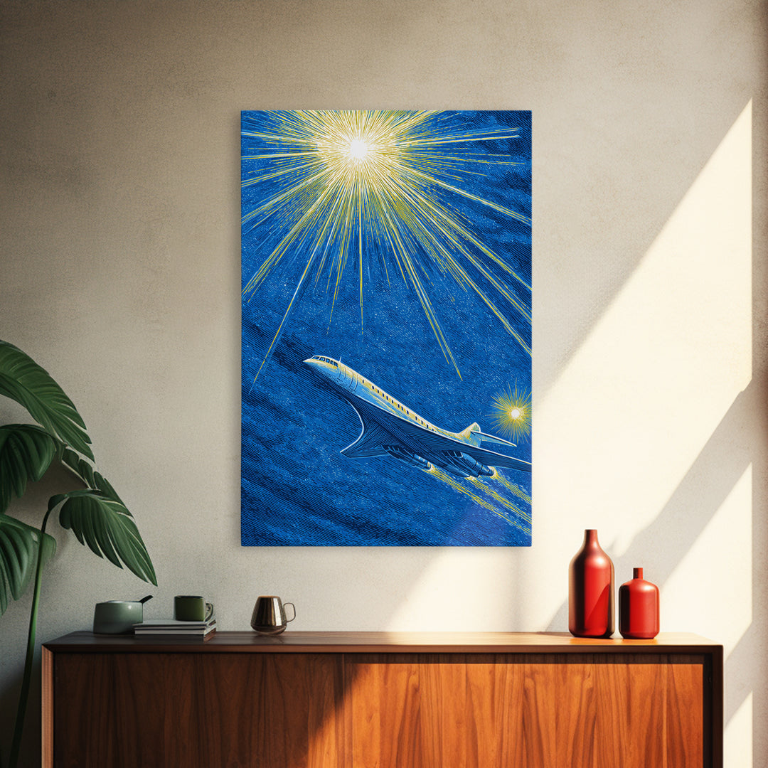 Blue Jet Under Radiant Starburst Framed Canvas Print, Retro Travel Poster, Midcentury Modern Wall Art, Aviation Office Decor