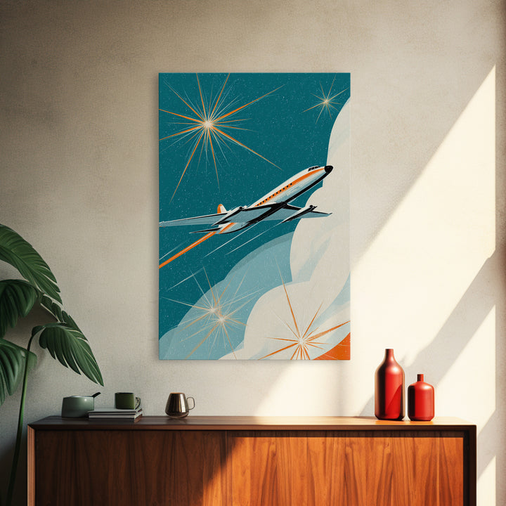 Sleek Retro Jet Over Moon Wall Art, Midcentury Modern Art Print, Atomic Space Poster, Aviation Office Decor Gift For Living Room