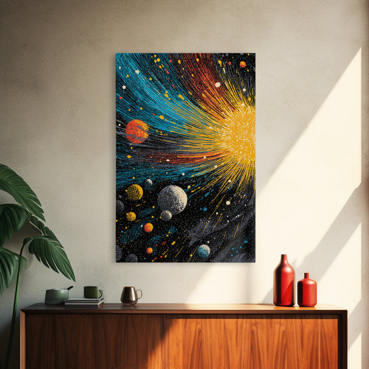 Exploding Solar System With Colorful Planets Framed Canvas Print, Midcentury Modern Wall Art, Retro Space Decor Poster Gift