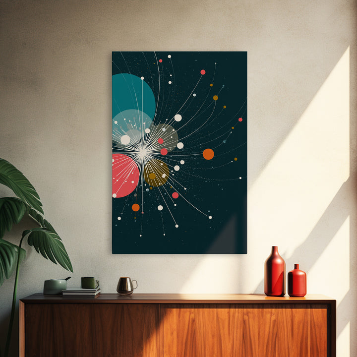 Abstract White Starburst With Floating Orbs Wall Art, Midcentury Modern Abstract Art Print, Teal Retro Space Office Decor