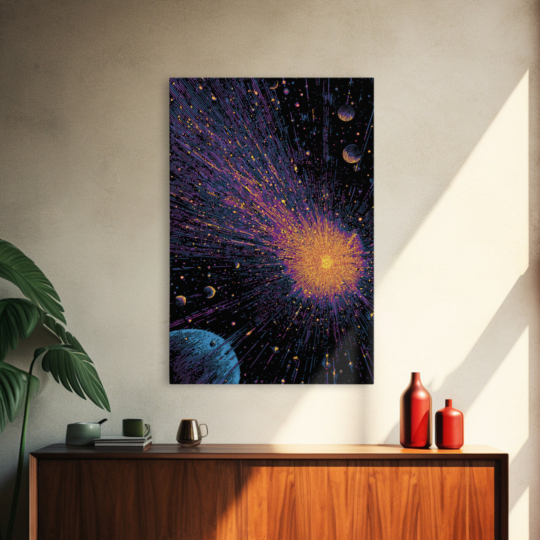 Brilliant Space Explosion With Orbiting Planets Canvas Print, Midcentury Modern Wall Art, Retro Sci Fi Poster For Office Decor