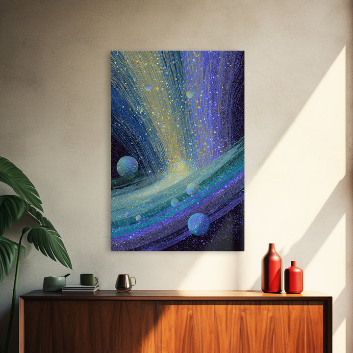 Surreal Ringed Planet With Blue Light Trails Framed Canvas Print, Midcentury Modern Wall Art, Cosmic Retro Space Decor Gift