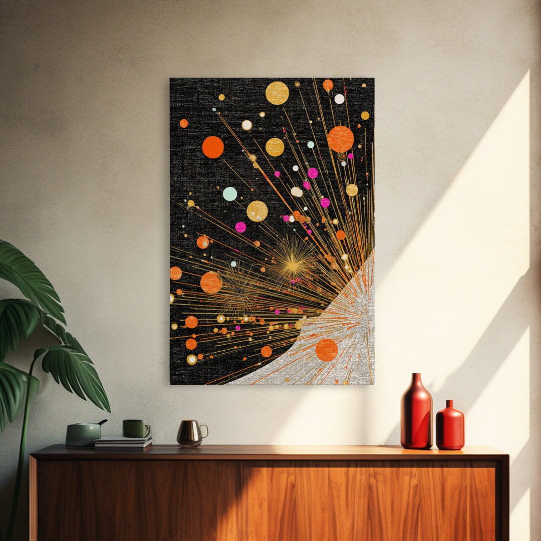 Orange Planet Burst On Black Canvas Print, Midcentury Modern Wall Art, Atomic Retro Space Poster, Geometric Office Decor