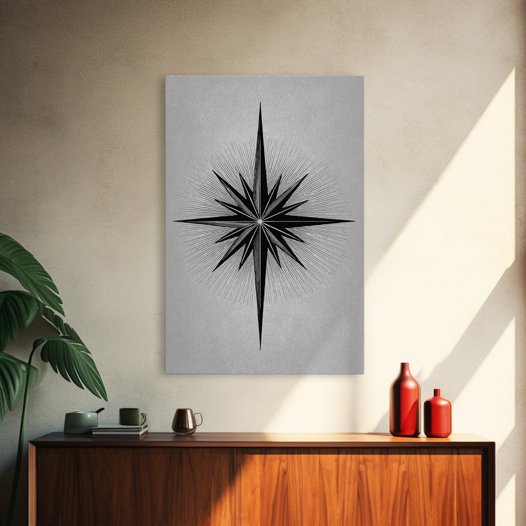 Black Compass Starburst Framed Canvas Print, Midcentury Modern Art, Geometric Wall Decor, Minimalist Art Print, Retro Decor