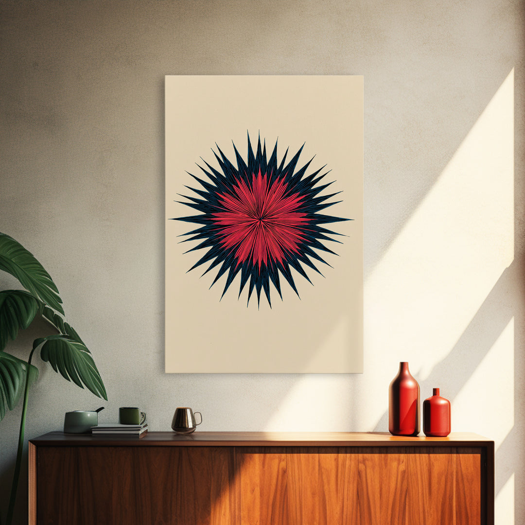 Red Navy Spiky Sunburst Canvas Print, Midcentury Modern Art, Geometric Wall Art, Atomic Art Print, Colorful Retro Decor, Poster
