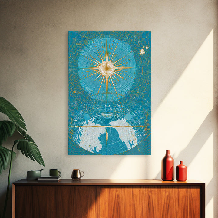 Turquoise Celestial Earth Sunburst Wall Art, Midcentury Modern Space Poster, Atomic Retro Map Print, Blue Office Decor Gift