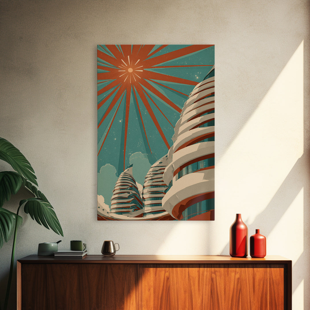 Retro Futurist Towers Wall Art, Midcentury Modern Art, Architectural Art, Palm Springs Art, Travel Poster, Teal Orange Decor