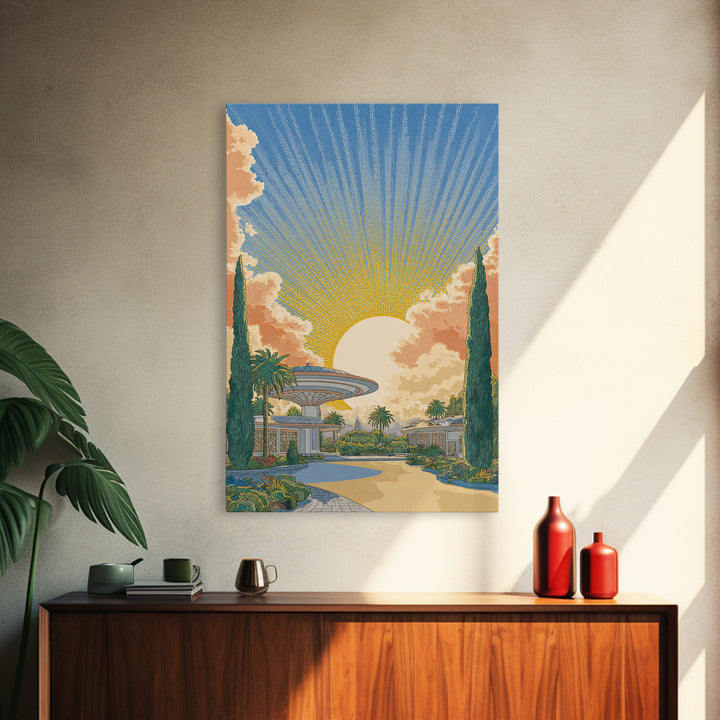 Futuristic Desert Resort Sunrise Wall Art, Midcentury Modern Architecture Poster, Palm Springs Decor, Retro Travel Print