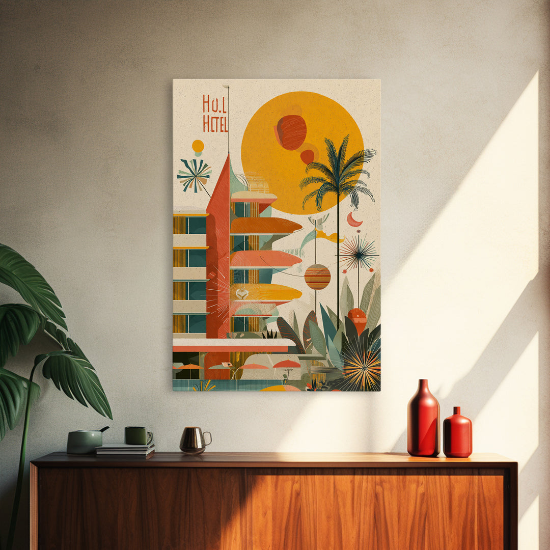 Atomic Hotel With Palms And Sun Canvas Print, Midcentury Modern Wall Art, Retro Palm Springs Poster, Tropical MCM Home Decor
