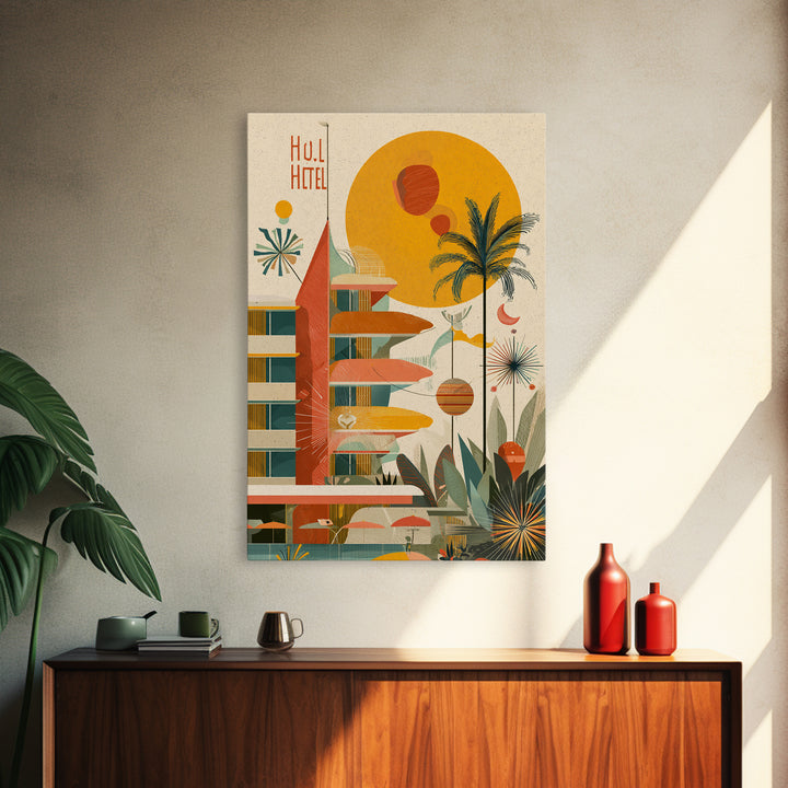 Atomic Hotel With Palms And Sun Canvas Print, Midcentury Modern Wall Art, Retro Palm Springs Poster, Tropical MCM Home Decor