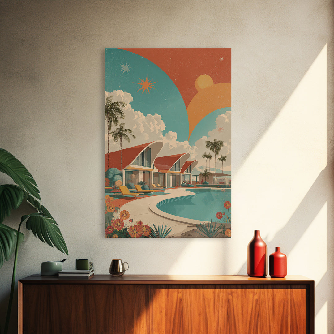 Retro Palm Springs Pool Homes Framed Canvas Print, Midcentury Modern Wall Art, Atomic Ranch Decor, Tropical Sunset Poster