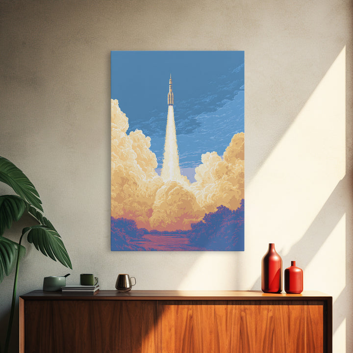Rocket Launch Through Golden Clouds Wall Art, Retro Space Poster, Sci Fi Wall Decor, Modern Art Print For Office And Man Cave