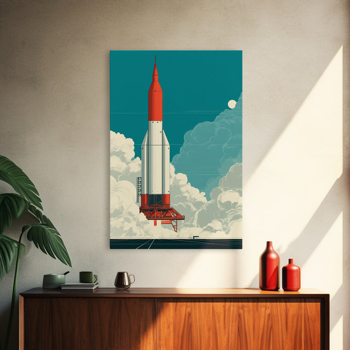 Red Rocket Lift Off In Teal Sky Canvas Print, Retro Space Wall Art, Midcentury Modern Sci Fi Poster, Boys Room Decor Gift