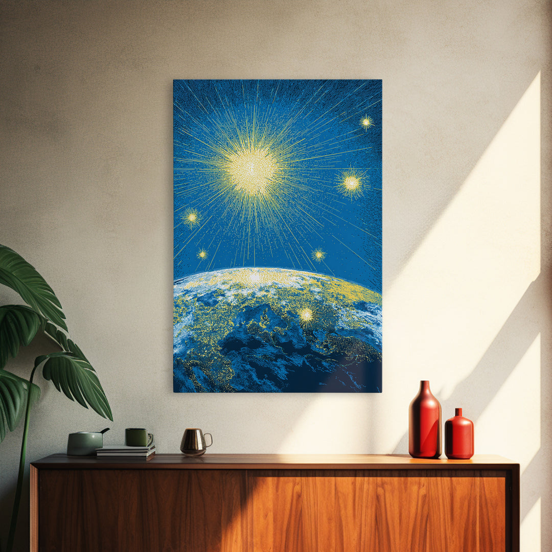 Radiant Earth Horizon Starfield Canvas Print, Midcentury Modern Space Art, Retro Sci Fi Poster, Blue Living Room Decor Gift