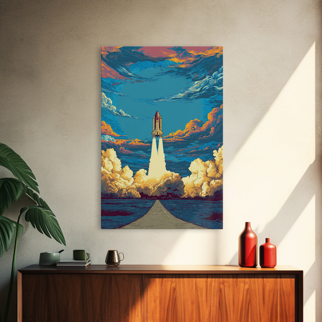 Space Shuttle Rising Over Ocean Road Framed Canvas Print, Retro Sci Fi Wall Art, Modern Space Poster, Dramatic Cloud Decor