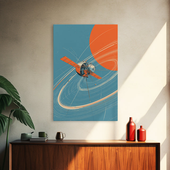 Retro Satellite With Orange Sun, Cosmic Orbit Wall Art, Mid Century Modern Space Poster, Sci Fi Decor, MCM Home Print Gift