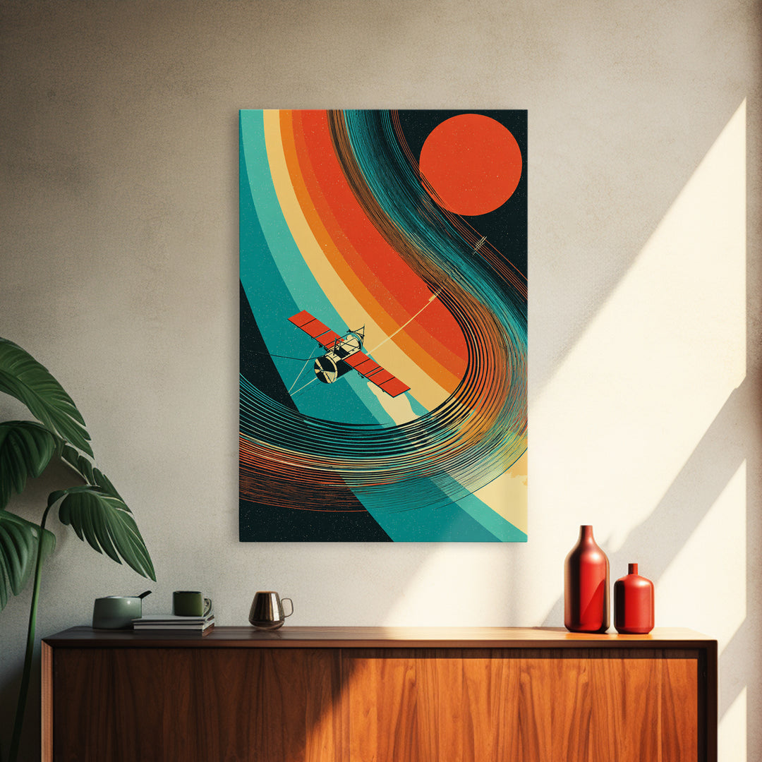 Satellite By Rainbow Planetary Rings, Red Sun Canvas Print, Retro Sci Fi Space Poster, Mid Century Modern Wall Decor Gift
