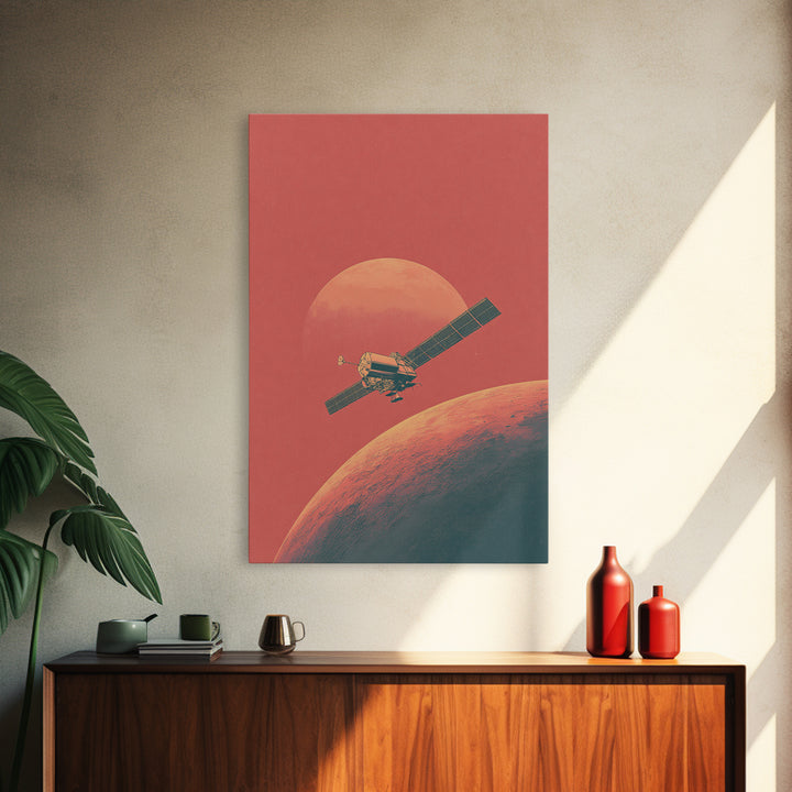 Coral Mars Satellite Over Desert Planet Canvas Print, Minimal Retro Space Poster, Mid Century Modern Home Office Decor Gift