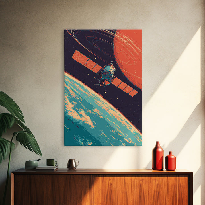 Satellite Orbiting Earth With Ringed Red Planet Framed Canvas Print, Retro Space Poster, Mid Century Modern Wall Decor Gift