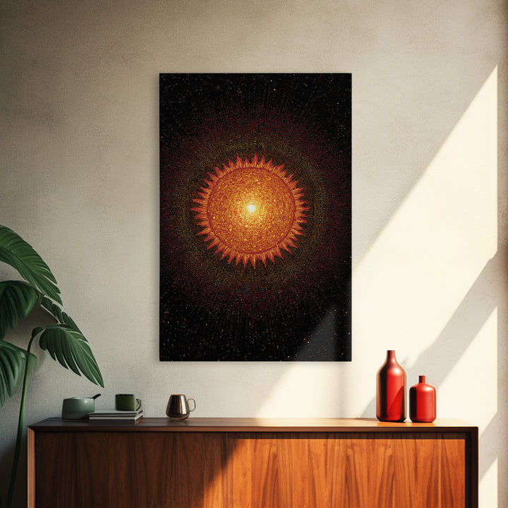 Fiery Abstract Sun Mandala On Black Wall Art, Cosmic Retro Poster, Mid Century Modern Decor, Orange Celestial Print Gift