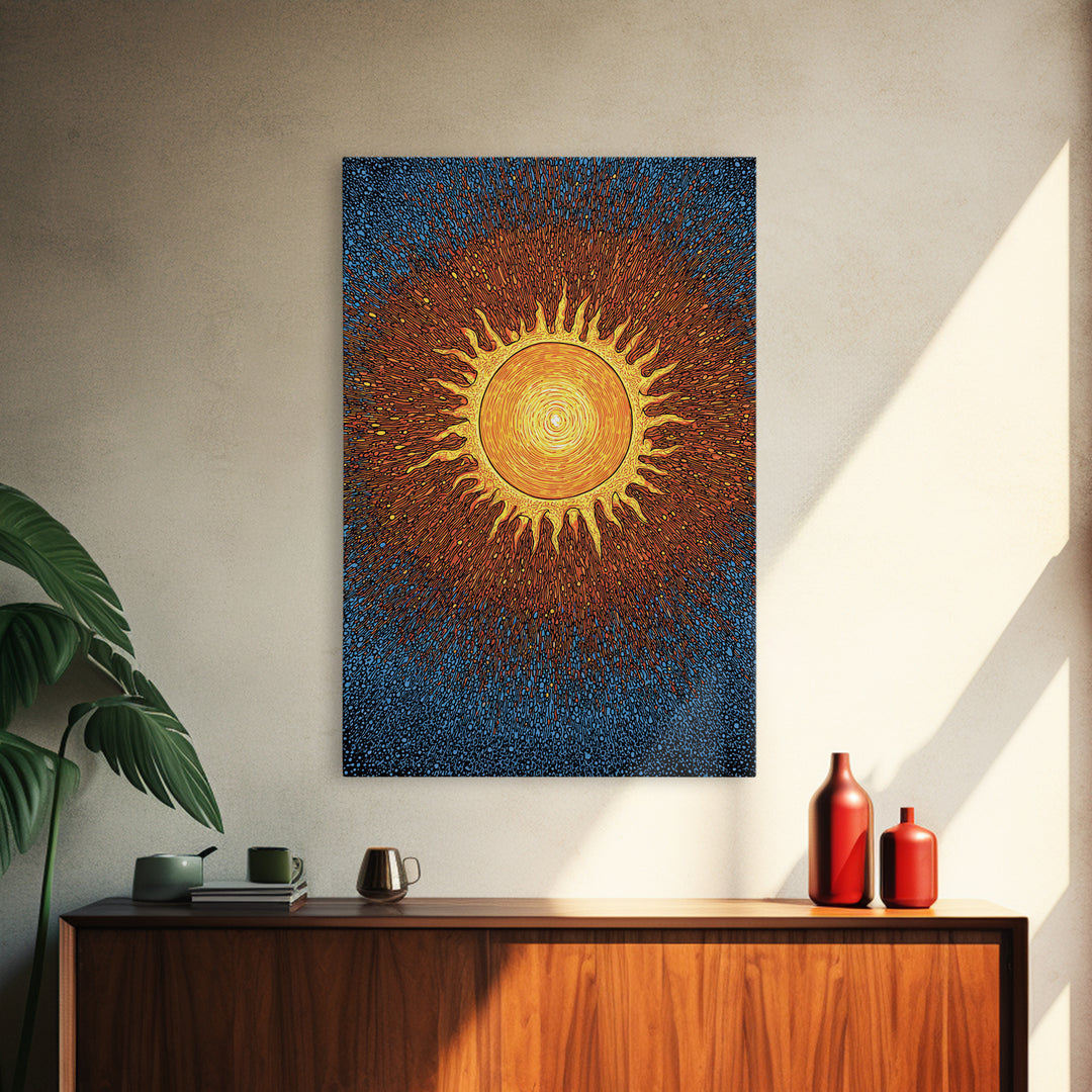 Radiant Orange Sunburst With Blue Texture Canvas Print, Cosmic Wall Art, Mid Century Modern Poster, Groovy Retro Decor Gift