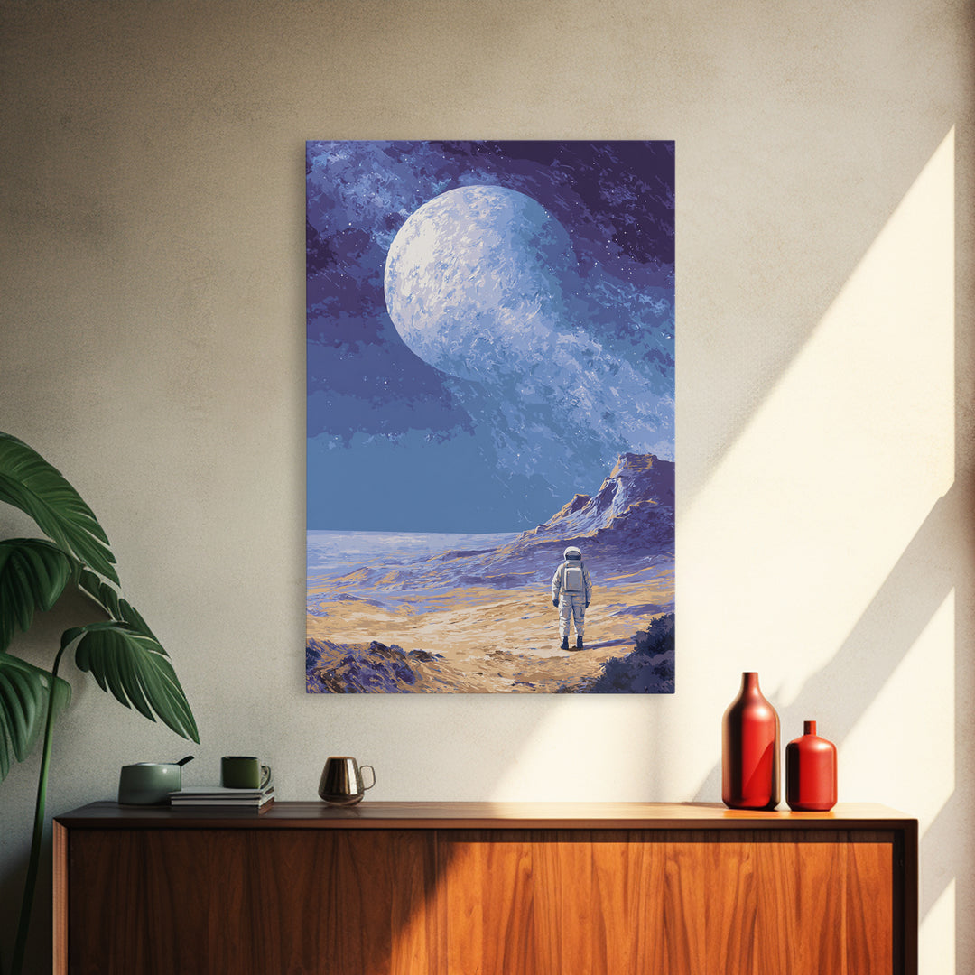 Lonely Astronaut On Icy Moon Wall Art, Retro Sci Fi Space Poster, Blue Planet Landscape, Modern MCM Room Decor Print Gift