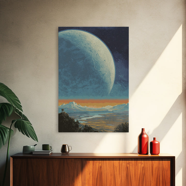 Vast Alien Planet Vista Wall Art, Retro Sci Fi Landscape Poster, Midcentury Modern Space Decor, Cosmic Explorer Print Artwork