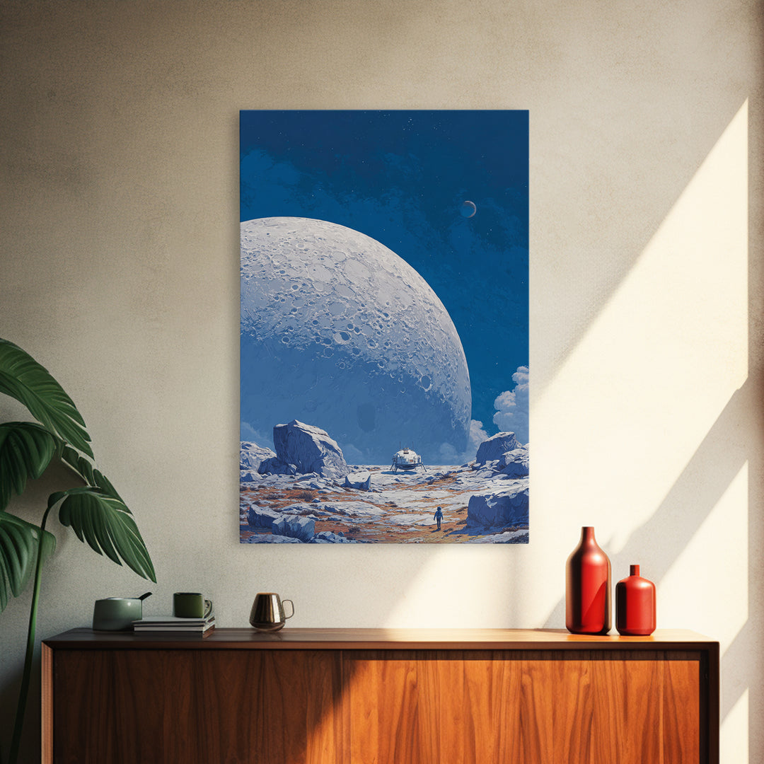 Blue Lunar Base With Astronaut Wall Art, Giant Moon Sci Fi Poster, Modern Space Landscape, Retro Futuristic Room Decor Print