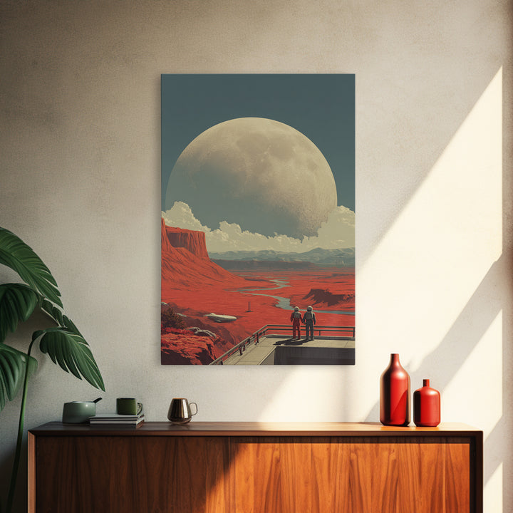 Red Mars Desert Astronauts Framed Canvas Print, Giant Moon Space Poster, Retro Sci Fi Landscape, Midcentury Modern Decor